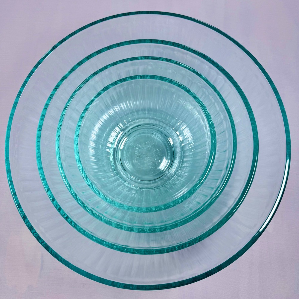 Vintage 1980s Pyrex Nesting Sculptured Aqua Ribbed Bowl Set of 4 7401 to 7404
